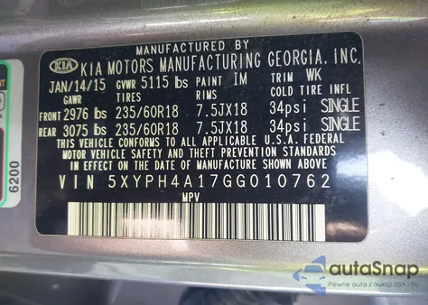 2016 Kia Sorento 2.0T Ex from USA, damaged, VIN 5XYPH4A17GG010762